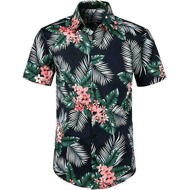 disiren Men Summer Leaves Flower Print Loose Short Sleeve Casual Shirt Male Beach Shirt 